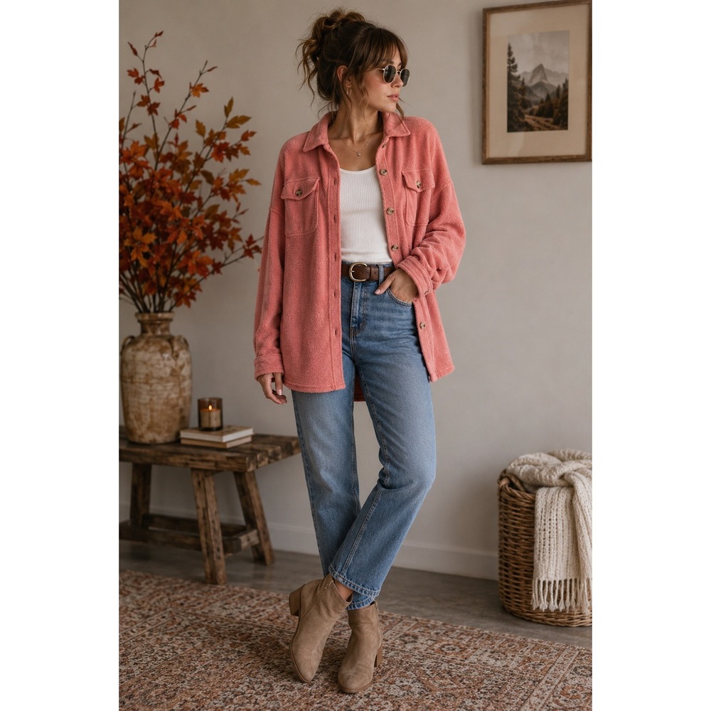Wonderly Women's XL Dusty Rose Corduroy Shacket Button Front Shirt Jacket